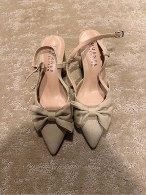 Journee Collection Beige Pointed Bow Slingback Heels